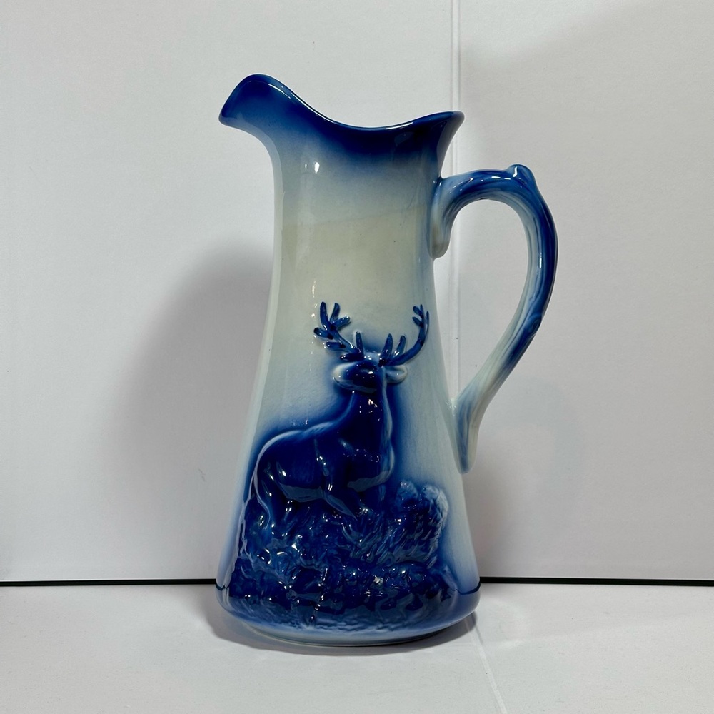 VINTAGE VICTORIA IRONSTONE Cobalt Blue and White glazed Pitcher FLOW BLUE Style